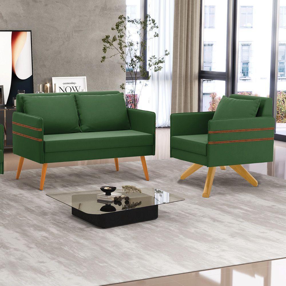 Kit 01 Namoradeira 02 Lugares E 01 Poltrona Mari Suede Verde Base De Madeira Ma30 - D'Rossi - 8