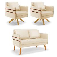 Kit 01 Namoradeira 02 Lugares E 02 Poltronas Mari Corino Bege Base De Madeira Ma30 - D'Rossi - 1