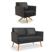 Kit 01 Namoradeira 02 Lugares E 01 Poltrona Mari Corino Base De Madeira Ma30 - D'Rossi Preto - 1