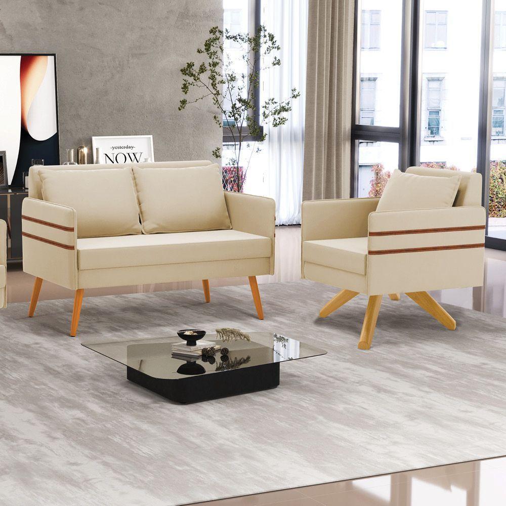 Kit 01 Namoradeira 02 Lugares E 01 Poltrona Mari Suede Bege Base De Madeira Ma30 - D'Rossi - 8