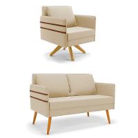 Kit 01 Namoradeira 02 Lugares E 01 Poltrona Mari Suede Bege Base De Madeira Ma30 - D'Rossi - 1