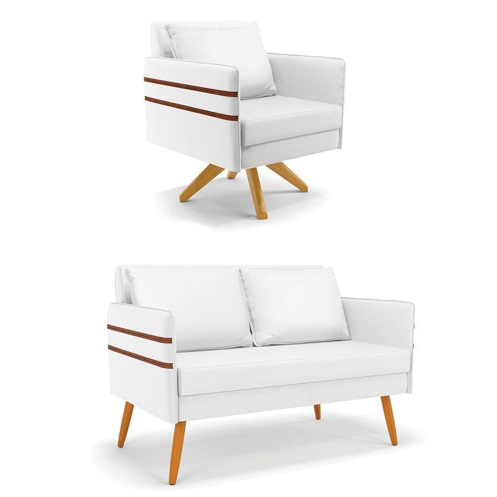 Kit 01 Namoradeira 02 Lugares E 01 Poltrona Mari Corino Base De Madeira Ma30 - D'Rossi Branco - 1