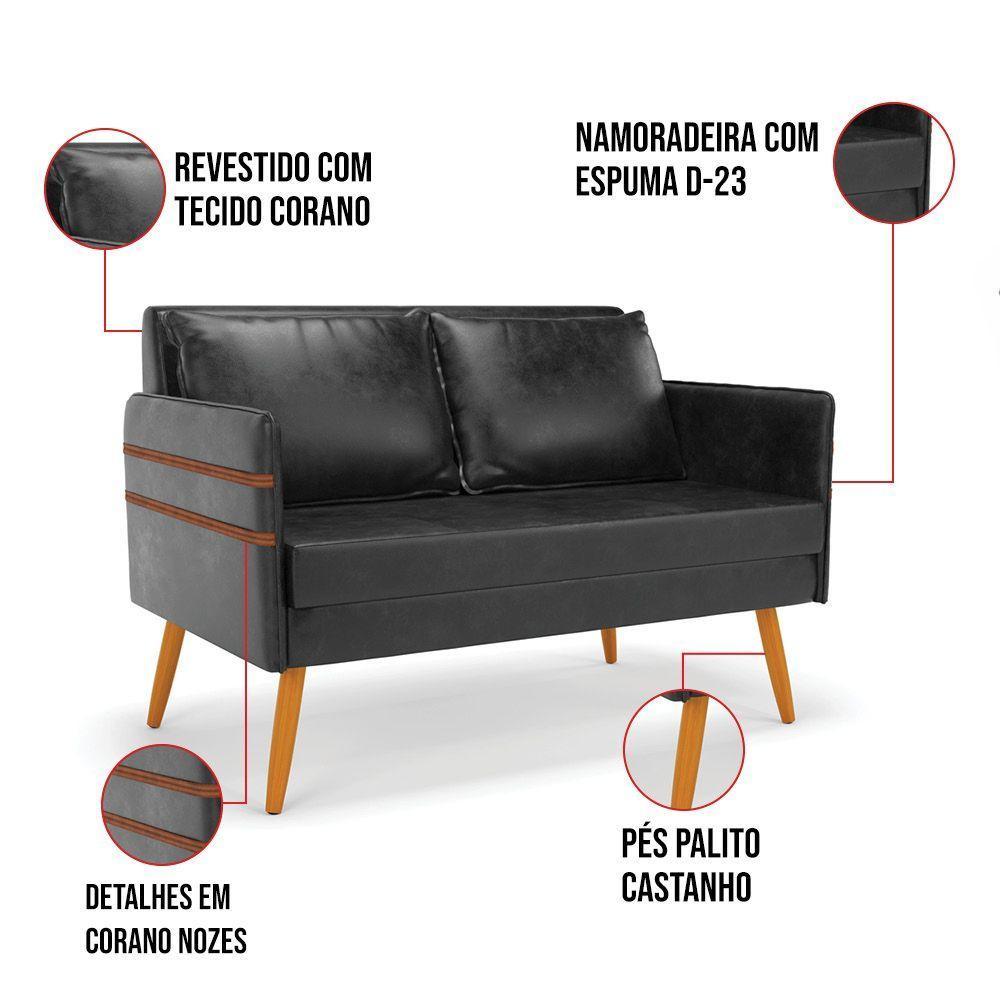 Kit 01 Namoradeira 02 Lugares E 02 Poltronas Mari Corano Preto Base De Madeira Ma30 - D'Rossi - 5