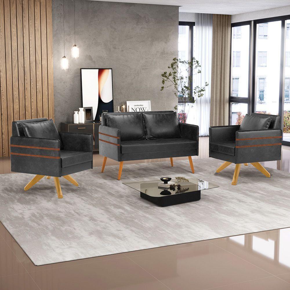 Kit 01 Namoradeira 02 Lugares E 02 Poltronas Mari Corano Preto Base De Madeira Ma30 - D'Rossi - 8