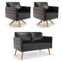 Kit 01 Namoradeira 02 Lugares E 02 Poltronas Mari Corano Preto Base De Madeira Ma30 - D'Rossi - 1