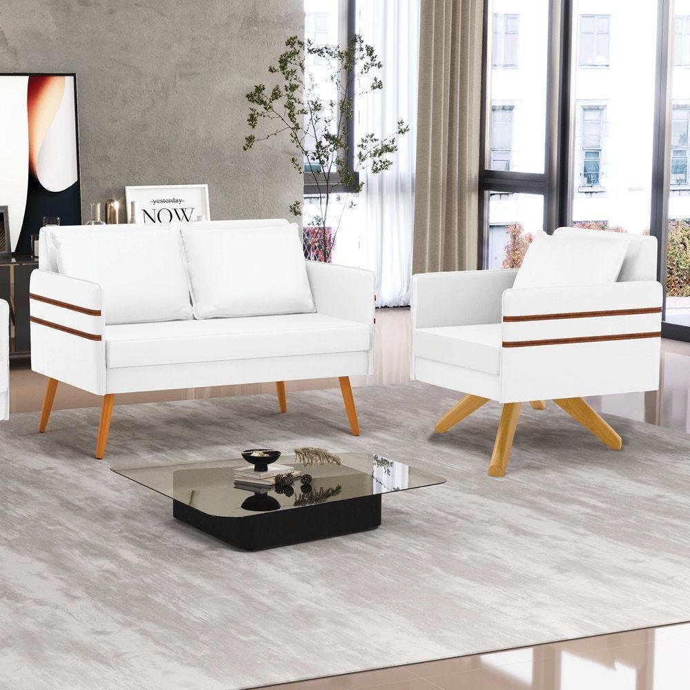 Kit 01 Namoradeira 02 Lugares E 01 Poltrona Mari Corino Branco Base De Madeira Ma30 - D'Rossi - 8