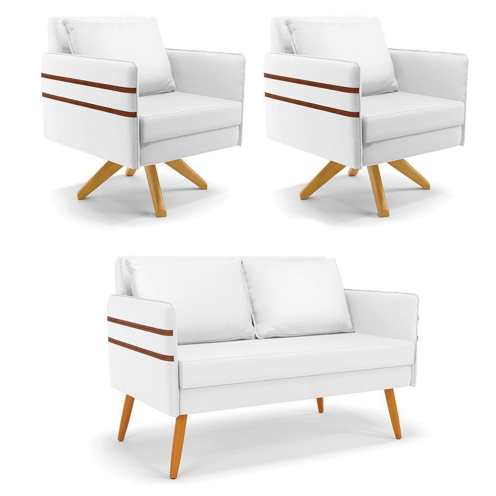 Kit 01 Namoradeira 02 Lugares E 02 Poltronas Mari Corino Base De Madeira Ma30 - D'Rossi Branco - 1