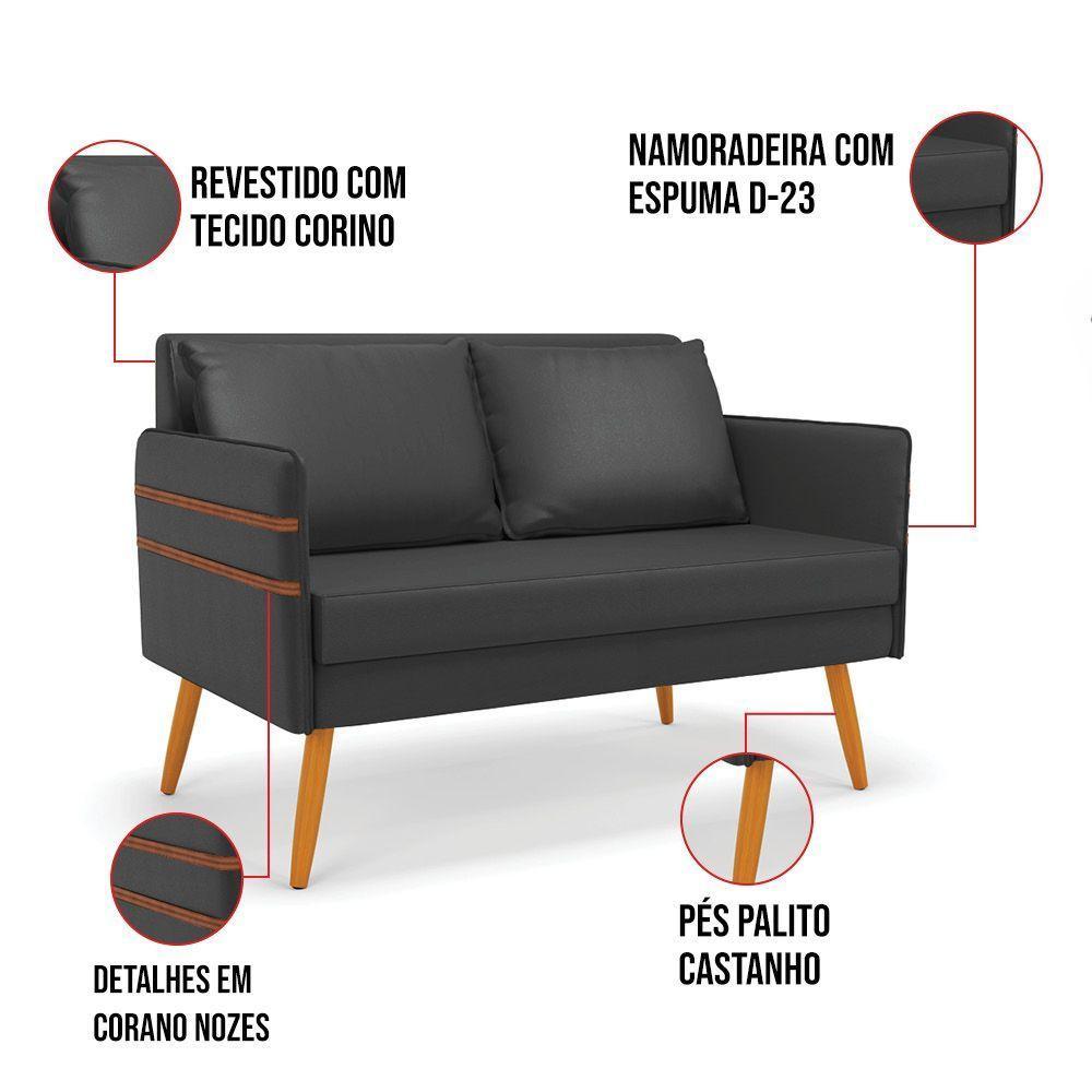 Kit 01 Namoradeira 02 Lugares E 02 Poltronas Mari Corino Base De Madeira Ma30 - D'Rossi Preto - 6