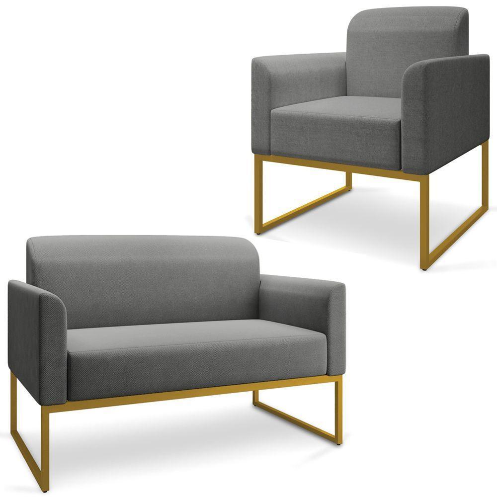 Conjunto Namoradeira E Poltrona Linho Grafite/Dourado - 1