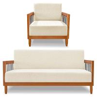 Kit Poltrona E Sofá Living 2 Lugares Marilia 1,60m Linho Bege Base Em Madeira Castanho - Pallazio - 1