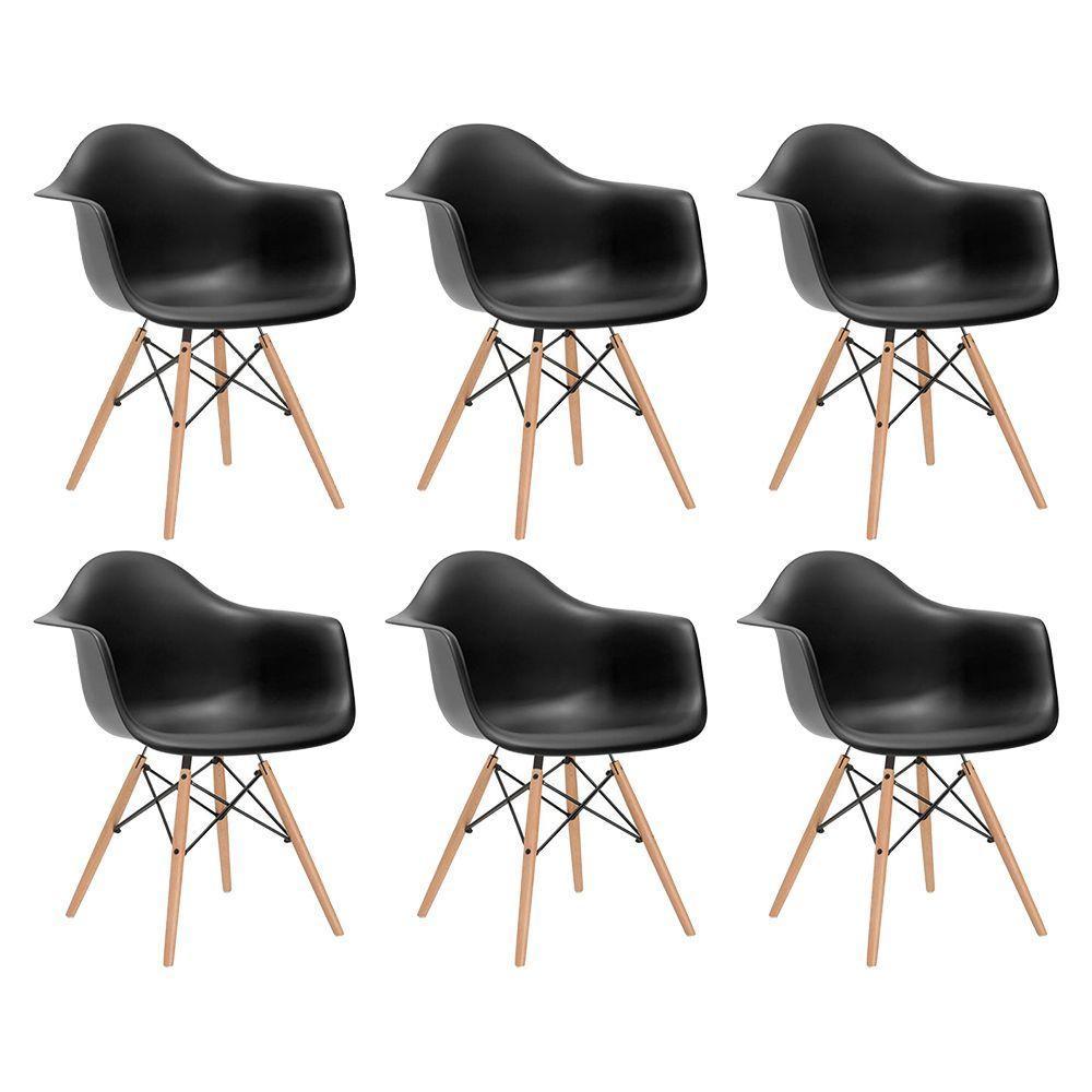 Kit 6 Poltronas Eames De Madeira Com Braço Daw Com Assento Preto - 1
