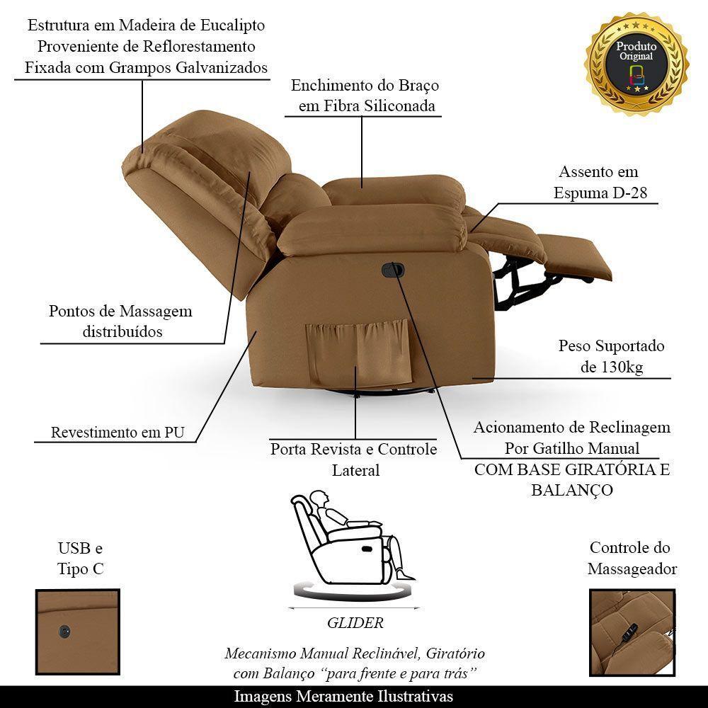 Poltrona Do Papai Reclinável Sala De Cinema Madrid Glider Manual Giratória Massagem Usb Pu Caramelo - 7