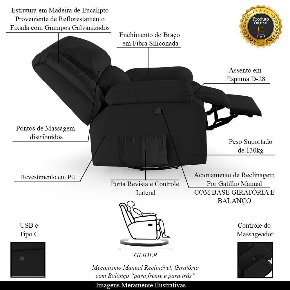Poltrona Do Papai Reclinável Sala De Cinema Madrid Glider Manual Giratória Massagem Usb Pu Preto G23 - 7