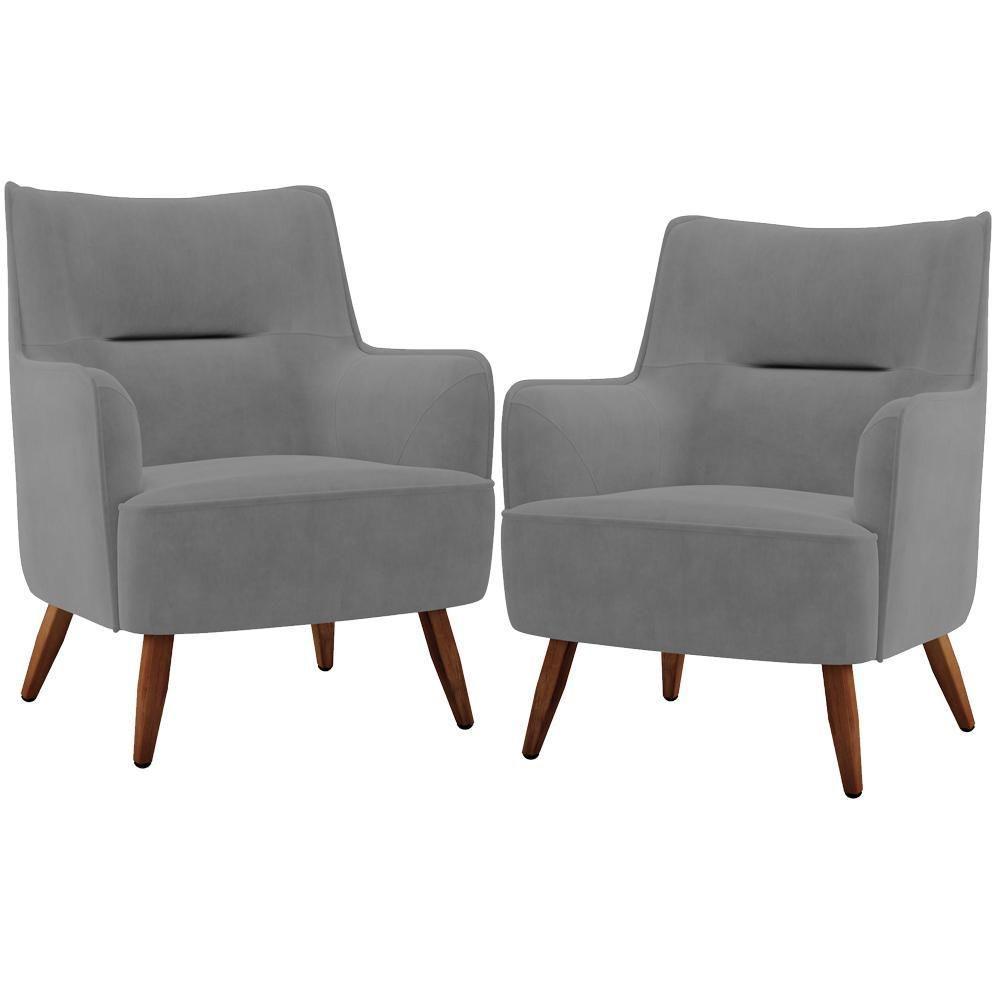 Kit 02 Poltronas Fixa Pés De Madeira Veludo Cinza C-317 - 1