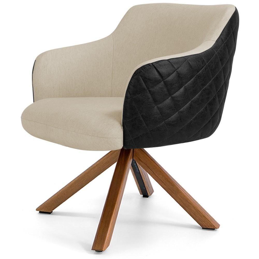 Poltrona Base Giratória Linho Bege C-129 Tressê Corano Preto - 1