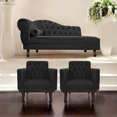 Kit Diva Recamier Diana 140Cm Lado Direito E 02 Poltronas Classic Suede Preto