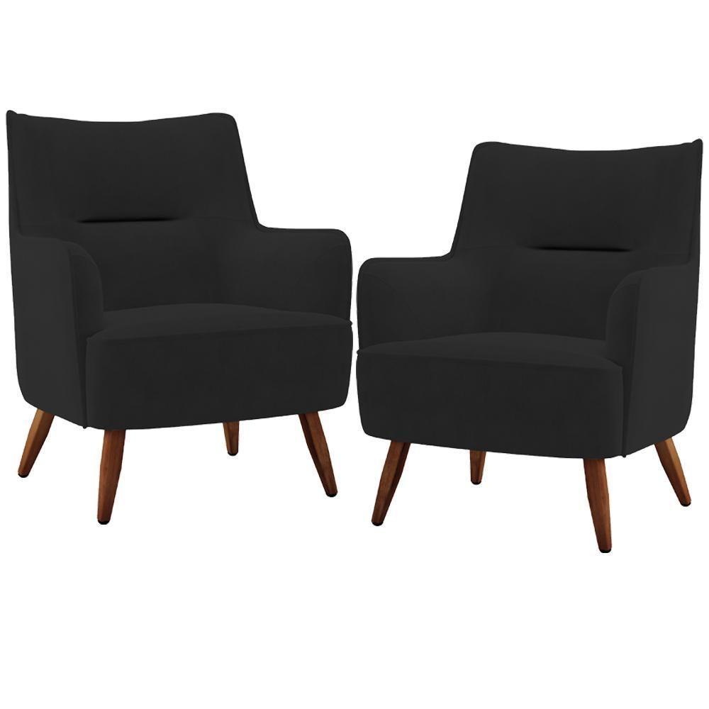 Kit 02 Poltronas Fixa Pés De Madeira Veludo Preto C-300 - 1