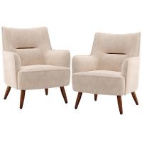 Kit 02 Poltronas Fixa Pés De Madeira Veludo Bege C-309 - 1