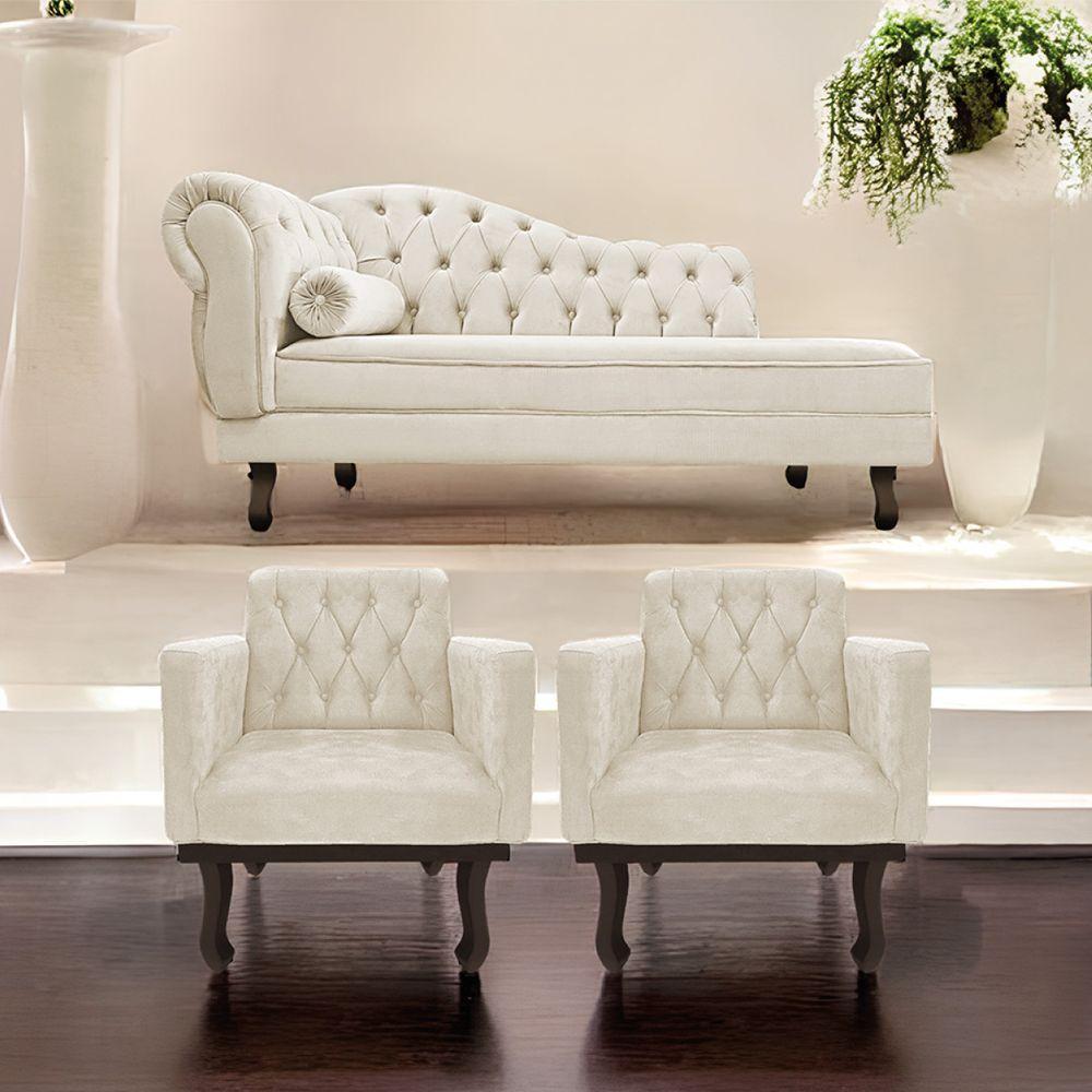 Kit Diva Recamier Diana 185Cm Lado Direito E 02 Poltronas Classic Suede Bege - 7