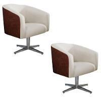 Kit 02 Poltronas Base Giratória De Metal Nozes E Linho Bege - 1