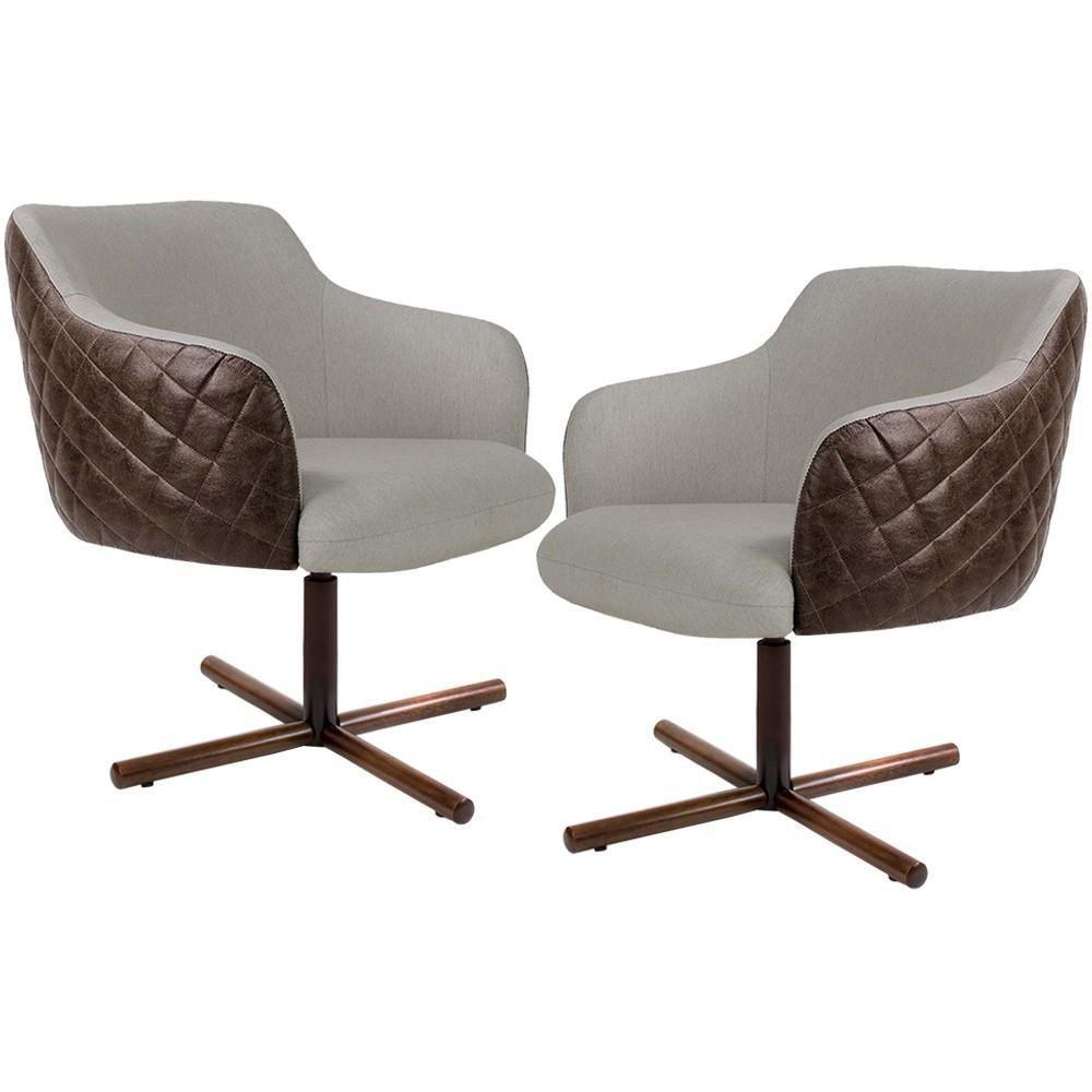 Kit 02 Poltronas Giratória Base Linho Bege Corano Marrom - 1