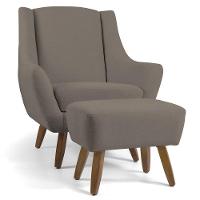 Poltrona Com Puff Pés De Madeira Veludo Bege Escuro C-68 - 1