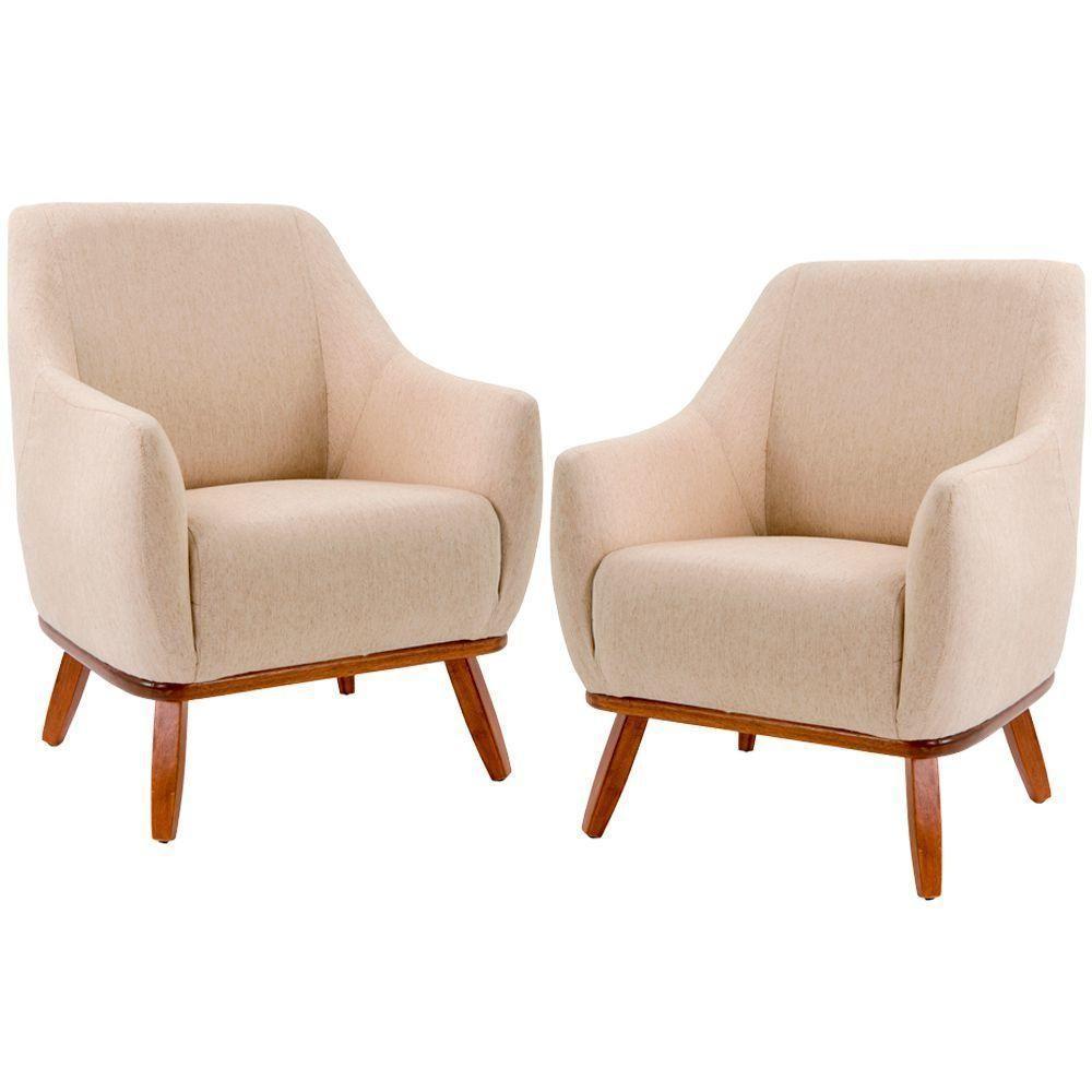 Kit 02 Poltronas Base Fixa De Madeira Paloma Algodão Bege - 1