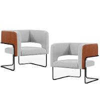 Kit 02 Poltronas Base Aço Preto Camel B-14 Linho Cinza D-315 - 1