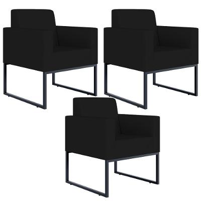 Kit 3 Poltronas Decorativas Helô L02 Base Fixa Metal Suede Preto Lyam Decor