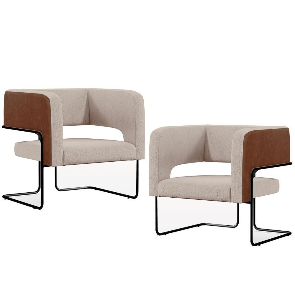 Kit 02 Poltronas Base Aço Preto Marrom B-38 Linho Bege C-107 - 1