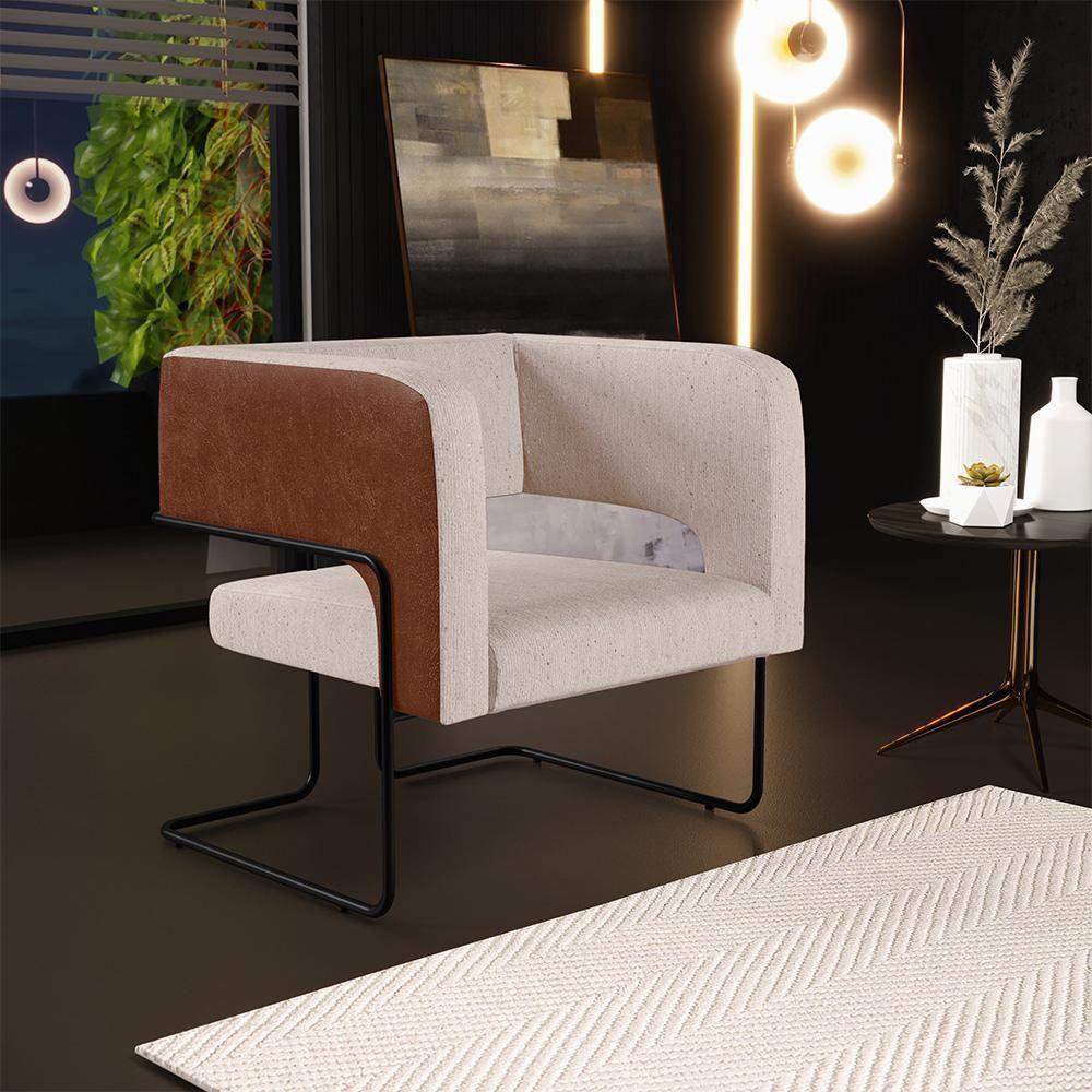 Kit 02 Poltronas Base Aço Preto Marrom B-38 Linho Bege C-107 - 8