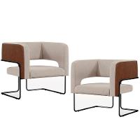 Kit 02 Poltronas Base Aço Preto Marrom B-38 Linho Bege C-107 - 1