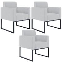 Kit 03 Poltronas Base Fixa De Metal Helô L02 Linho Cinza - 1