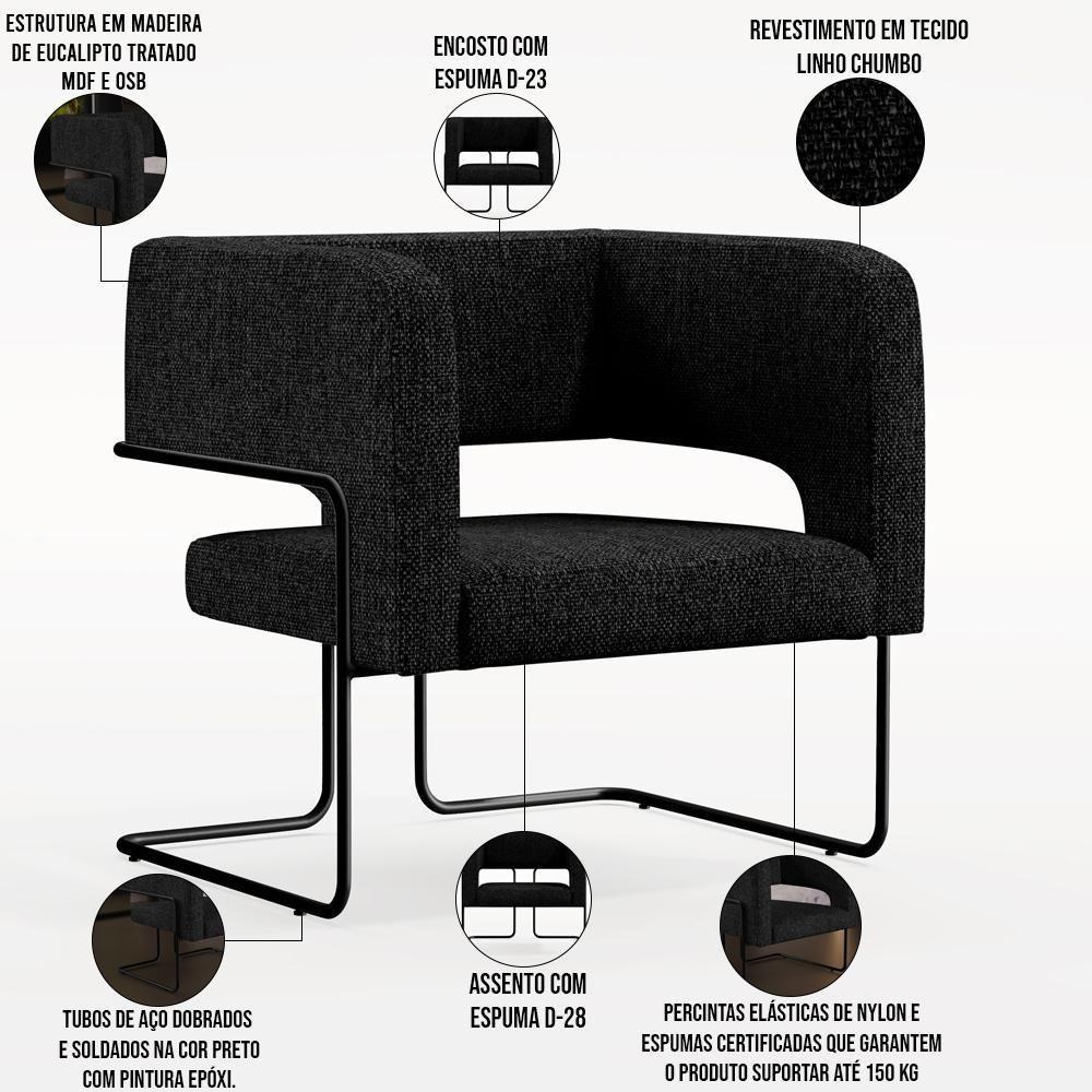 Poltrona Base De Aço Preto Linho Chumbo D-465 - 5