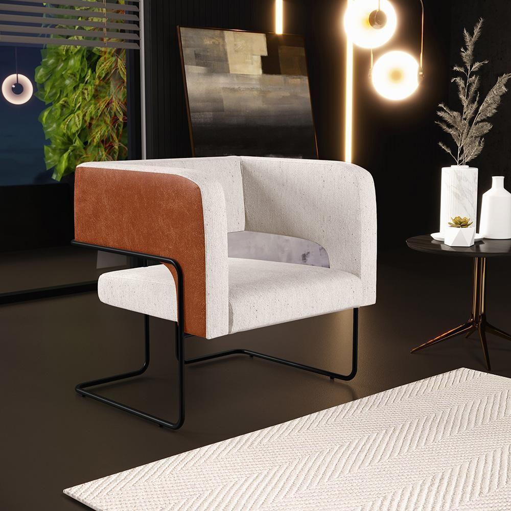 Kit 02 Poltronas Base Aço Preto Camel B-14 Linho Cru C-443 - 8