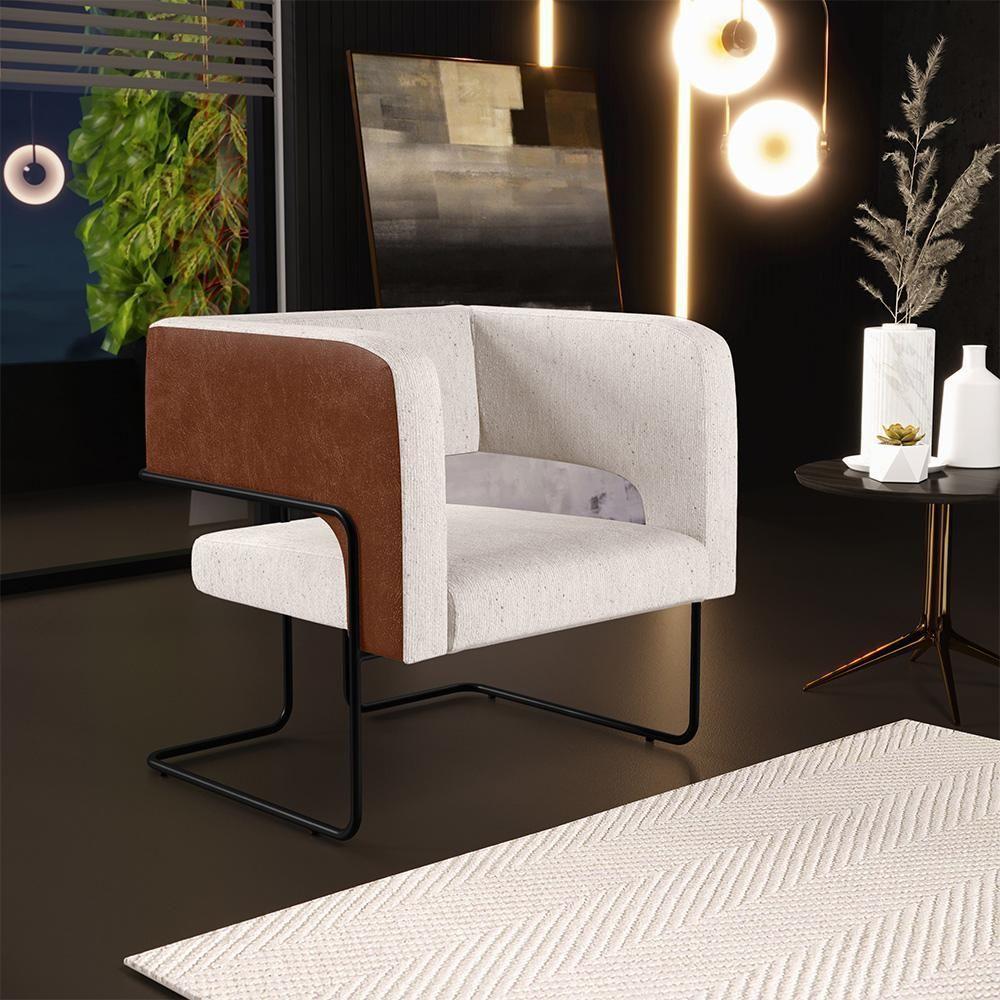 Kit 02 Poltronas Base Aço Preto Marrom B-38 Linho Cru C-443 - 8