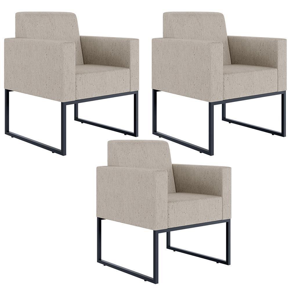 Kit 03 Poltronas Base Fixa De Metal Helô L02 Linho Bege - 1