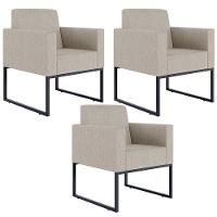 Kit 03 Poltronas Base Fixa De Metal Helô L02 Linho Bege - 1