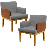 Kit 02 Poltronas Sala Estar Linho Cinza Escuro Camel - 1