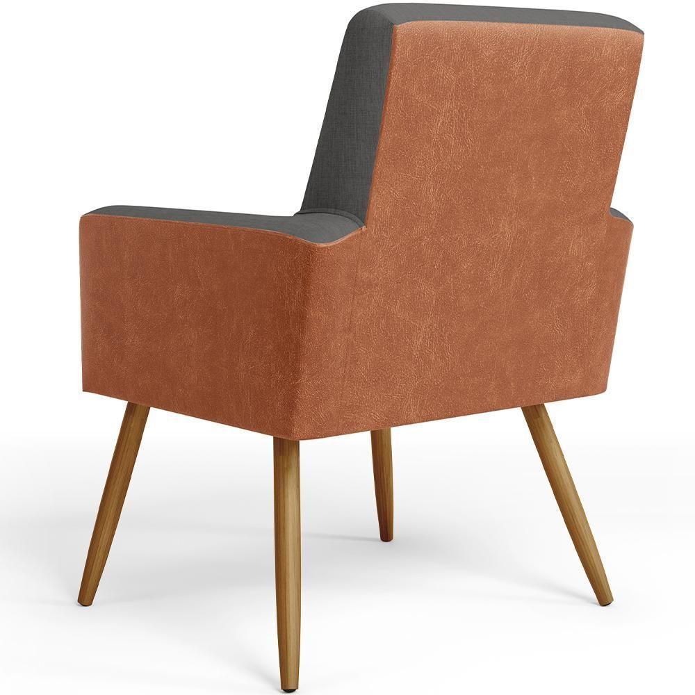 Poltrona Pés Palito Linho Cinza Escuro Couríssimo Camel - 2