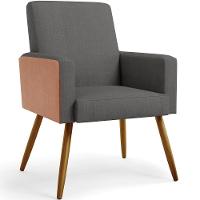 Poltrona Pés Palito Linho Cinza Escuro Couríssimo Camel - 1