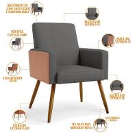 Poltrona Pés Palito Linho Cinza Escuro Couríssimo Camel - 5