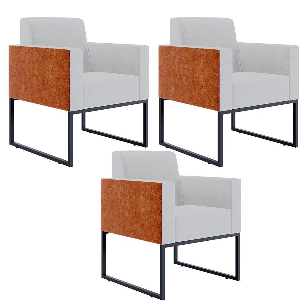 Kit 03 Poltronas Base Fixa Metal Helô L02 Linho Cinza Camel - 1