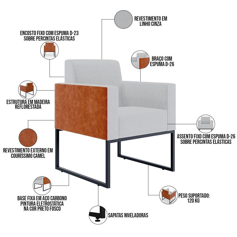 Kit 03 Poltronas Base Fixa Metal Helô L02 Linho Cinza Camel - 10