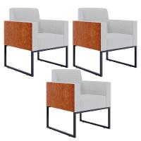 Kit 03 Poltronas Base Fixa Metal Helô L02 Linho Cinza Camel - 1