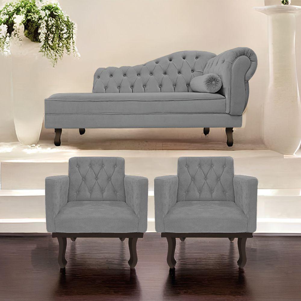 Kit Diva Recamier Diana 185Cm Lado Esquerdo E 02 Poltronas Classic Suede Cinza - 7