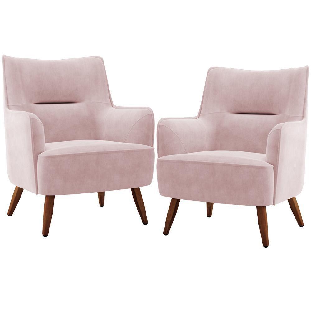 Kit 02 Poltronas Fixa Pés De Madeira Veludo Rosê C-305 - 1