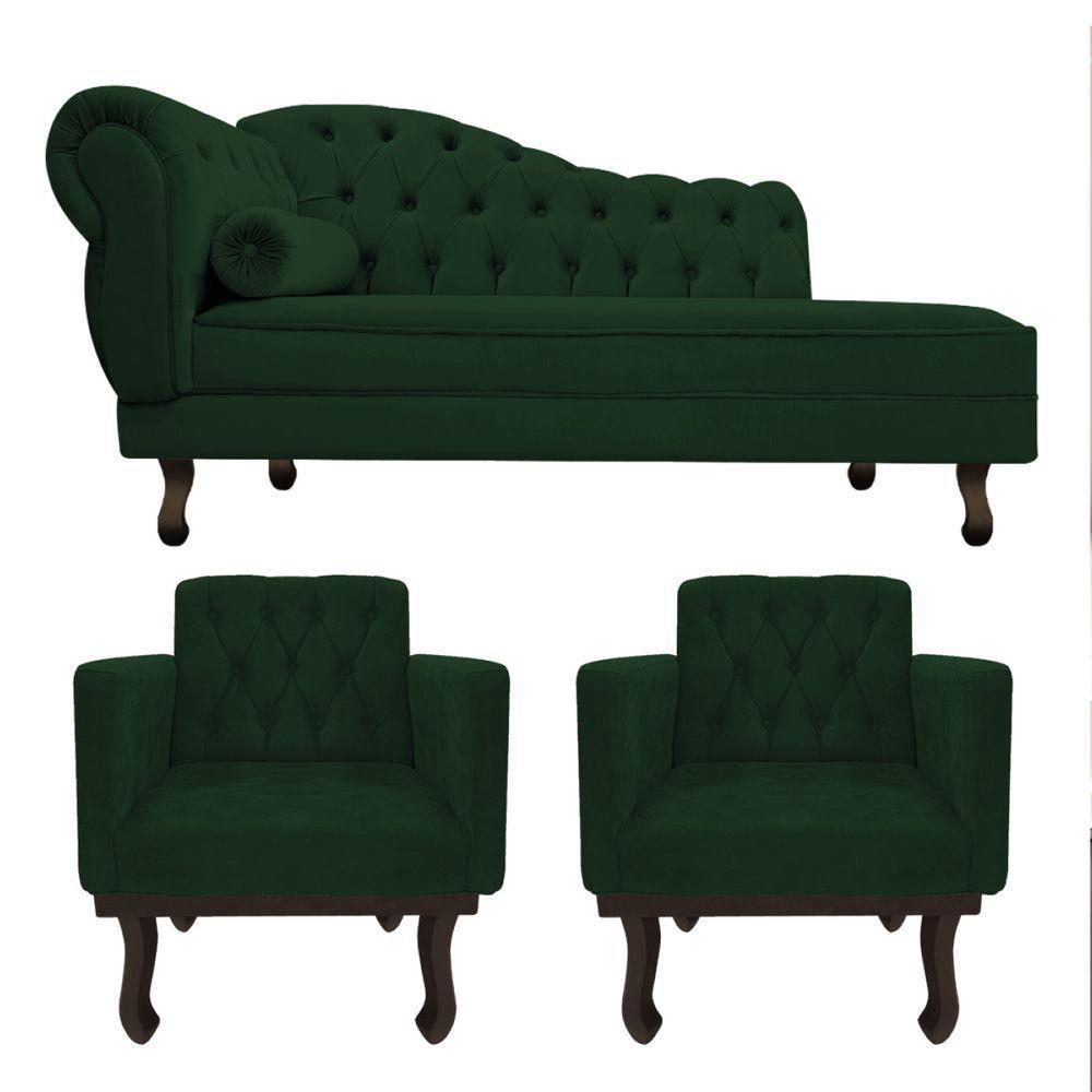 Kit Diva Recamier Diana 130Cm Lado Direito E 02 Poltronas Classic Suede Verde - 1