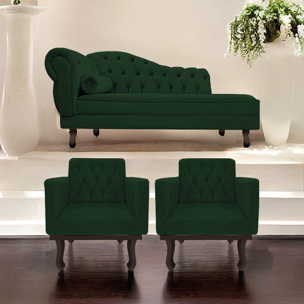 Kit Diva Recamier Diana 130Cm Lado Direito E 02 Poltronas Classic Suede Verde - 7