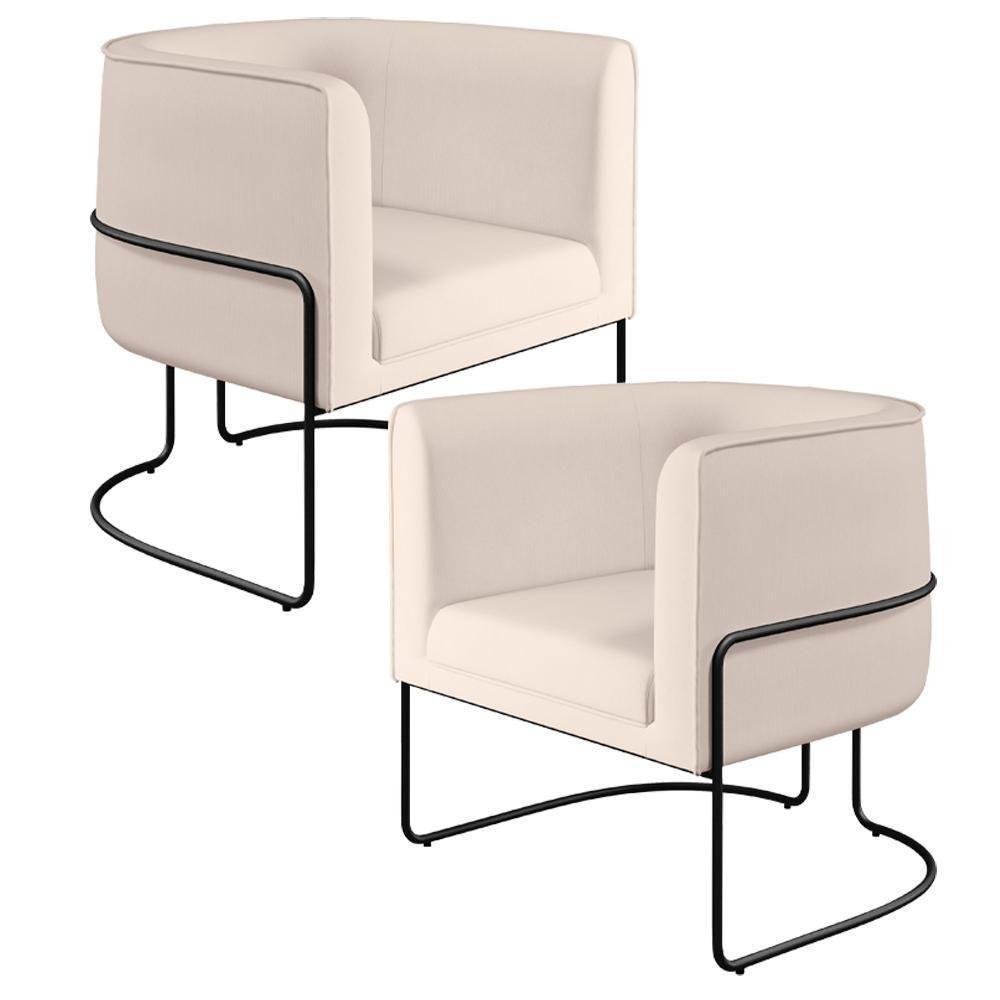 Kit 02 Poltronas Fixa Base De Aço Preto Veludo Bege C-309 - 1